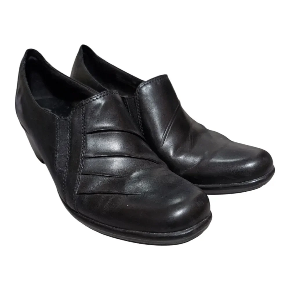 Clarks Shoes Partridge Slip On Black Leather Casual Pleated 89487 size 10M